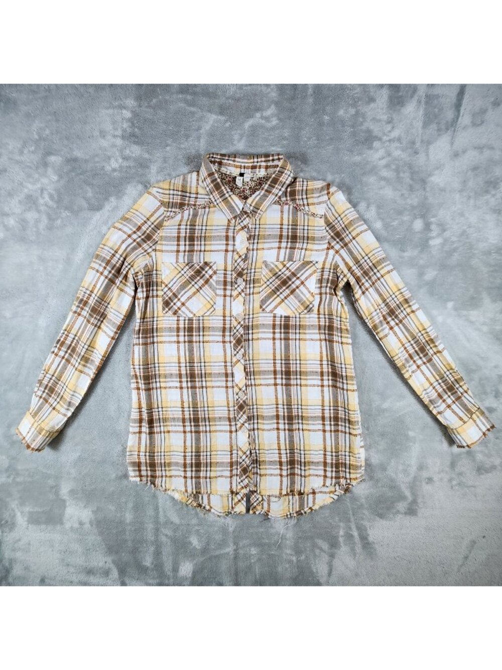 We the Free Park Ranger Shirt Medium Yellow Plaid Snap Button Back Crochet Hi Lo